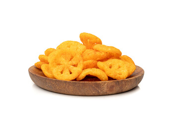 Corn puff snack isolated, crunchy cereal nosh, crispy yellow rice breakfast with paprika