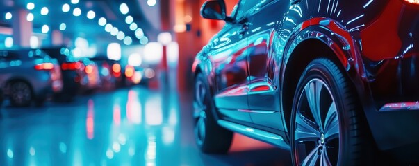 Close-up of a car wheel in a modern, brightly lit parking garage featuring glowing lights and a polished, reflective floor.