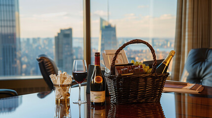 Large Gift Basket with Luxury Items Including Chocolates and Wine on Executive Office Desk with Panoramic City View Through Window