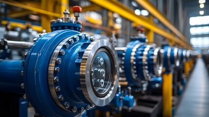 Fototapeta premium Row of Industrial Valves in Operation: A row of large industrial valves lined up in a gas plant, with pipes extending in various directions.