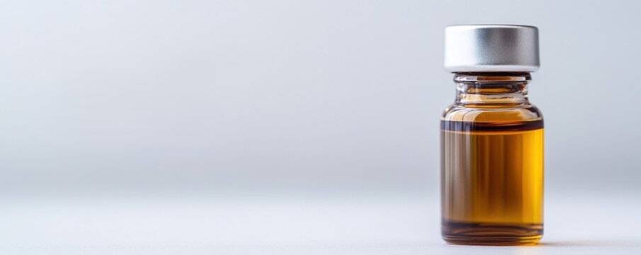 A glass vial containing amber essential oil, on a minimalistic background, perfect for wellness and beauty themes.