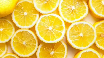 Lemon slice motif in a seamless repeating pattern, sunny yellow tones on a white background, perfect for textiles