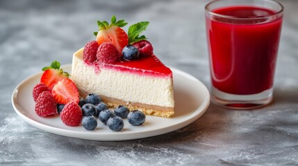 A slice of cheesecake with strawberries, blueberries and raspberries on top of a white plate. A glass of red juice is next to the plate, with copy space