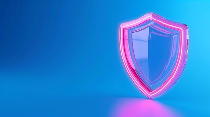 Glowing neon shield on blue background symbolizing digital security and protection in a modern tech environment.