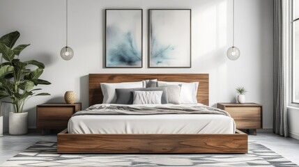 A stylish minimalist bedroom with a platform bed, geometric rug, and abstract artwork, adding personality and visual interest to the space.