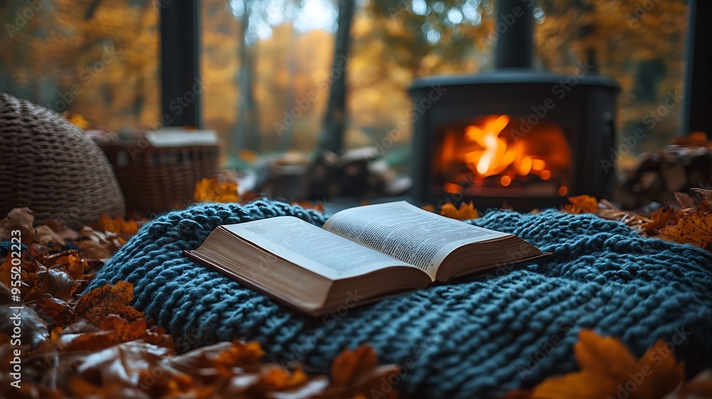 Canvas Prints An intimate autumn evening with an open book on a cushion, autumn leaves scattered around, a crackling fire casting a warm glow, cozy and peaceful atmosphere, detailed textures, inviting setting.