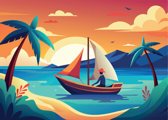 Man sailing away on calm ocean water at sunset near tropical island-