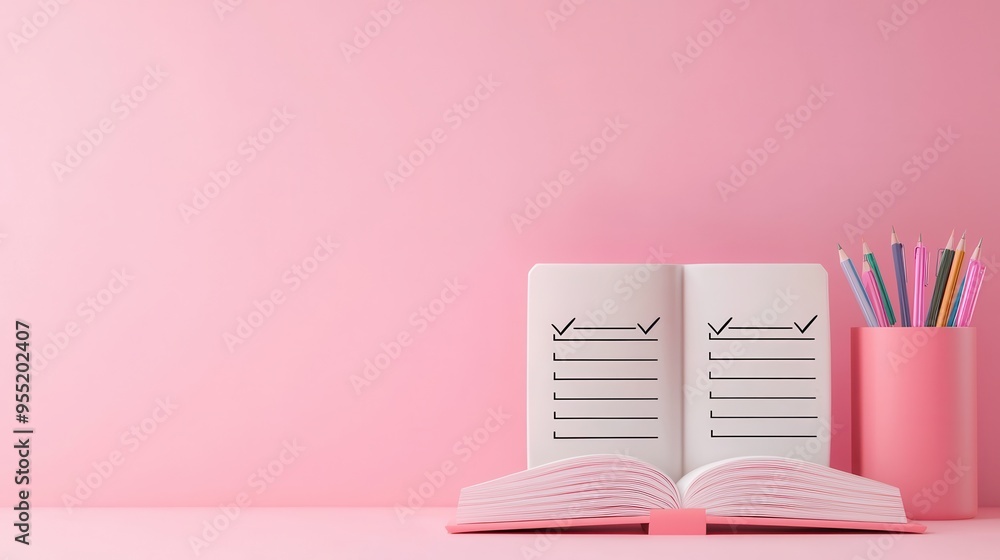 Canvas Prints Pink Notebook with Checklist and Colored Pencils on Pink Background.