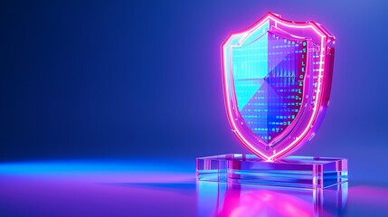 Naklejka premium Glowing neon shield with a digital pattern on blue background representing cybersecurity and data protection, futuristic technology concept.