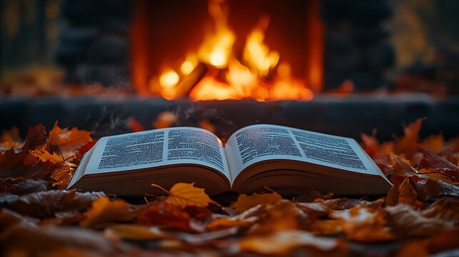 An intimate autumn evening with an open book, pages slightly turning in the breeze, a glowing fireplace and colorful leaves behind, warm and tranquil atmosphere, rich details, soft lighting. --ar 16:9