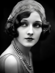 vintage portrait of 1920s flapper with headband and necklace