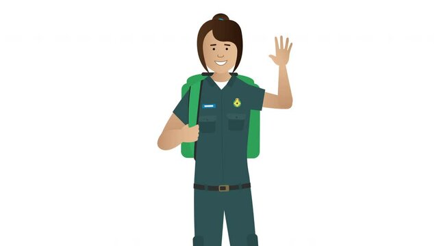 2D Illustrated female paramedic first responder vector character waving hand and smiling animation. On white background.