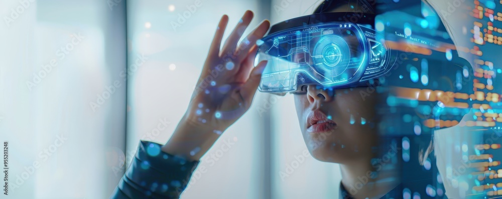 Poster woman using augmented reality headset with digital interface overlay, representing futuristic techno