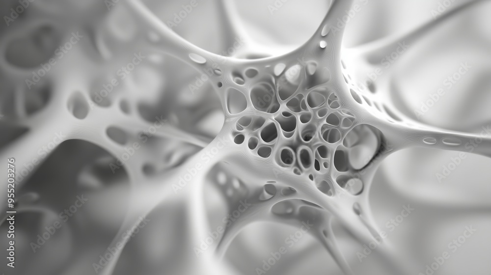 Poster close-up of intricate white cells revealing complex patterns and textures in a minimalist setting