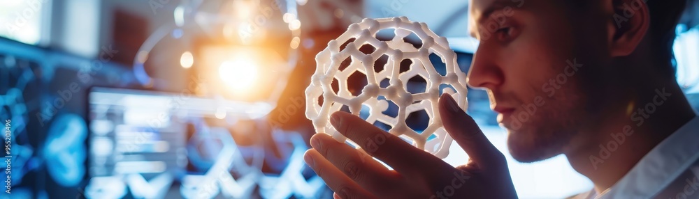 Poster scientist examining complex 3d printed model of molecular structure in laboratory, showcasing advanc