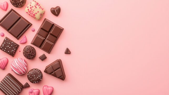 Assortment of delicious chocolate pieces on a pink background.