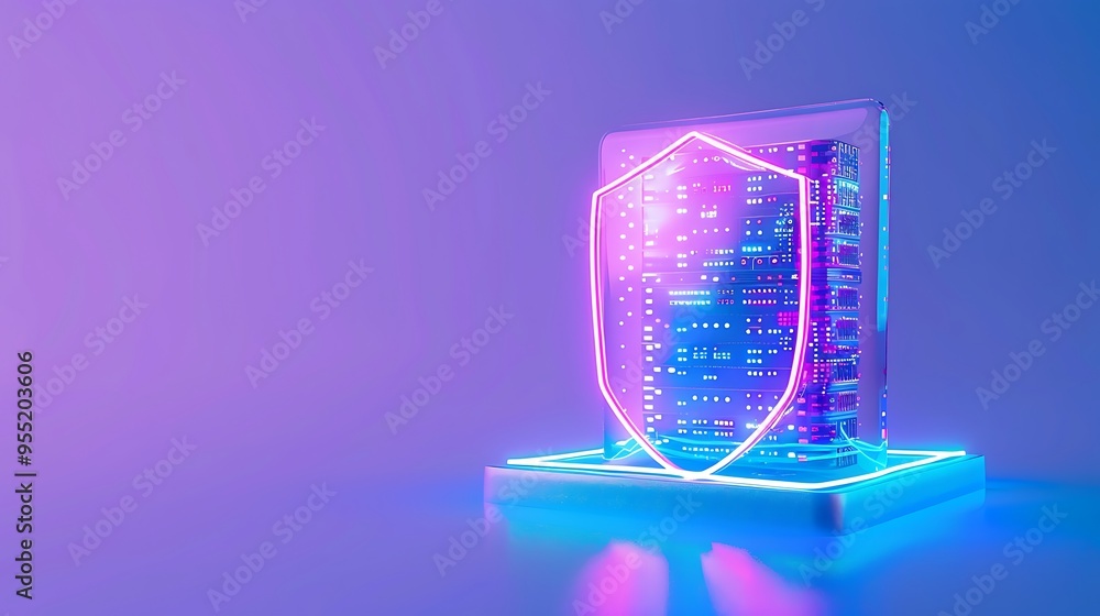 Aufkleber glowing shield over a server represents cybersecurity. neon lights and modern technology secure digi