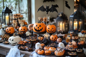 Chic Halloween Party Scene with Stylish Decorations, Halloween party, festive decorations, pumpkin lanterns, spiderweb tablecloth, spooky centerpieces, elegant Halloween decor