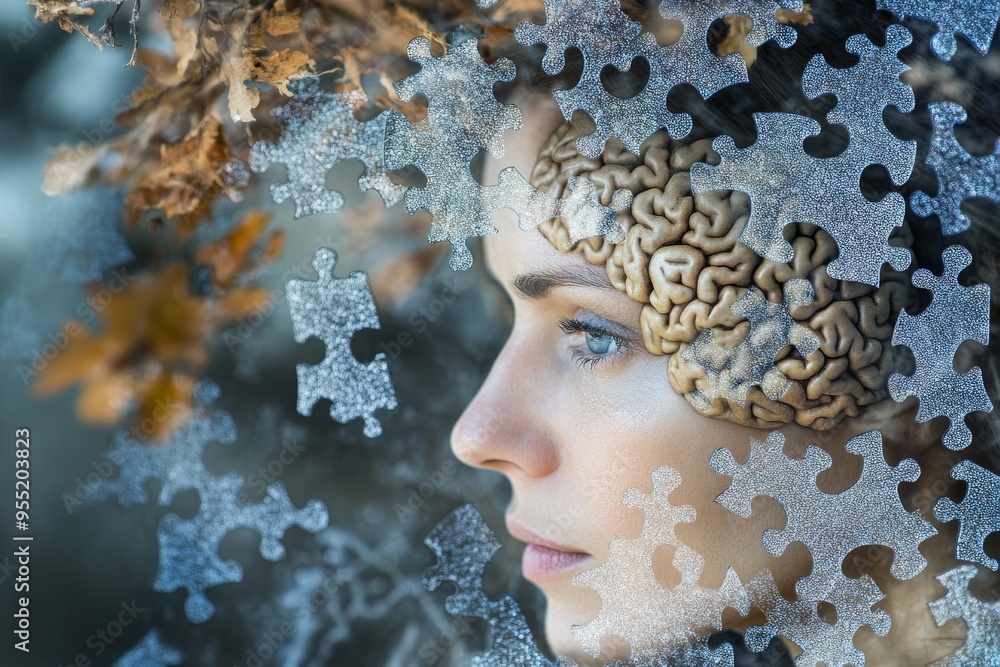 Poster cognitive resonance smart face partially obscured by puzzle pieces representing the complexity of th