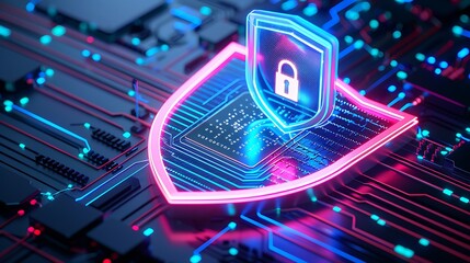 Glowing shield symbol on a neon circuit board representing cybersecurity, data protection, and digital safety measures.