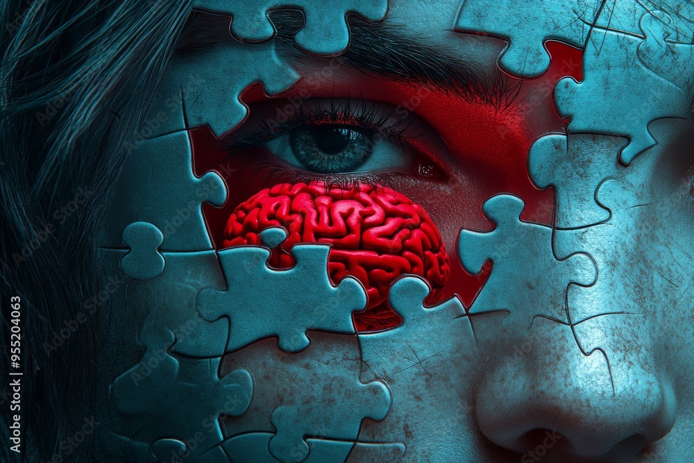 Poster neural connectivity smart face covered with puzzle pieces revealing a red brain symbolizing the hidd