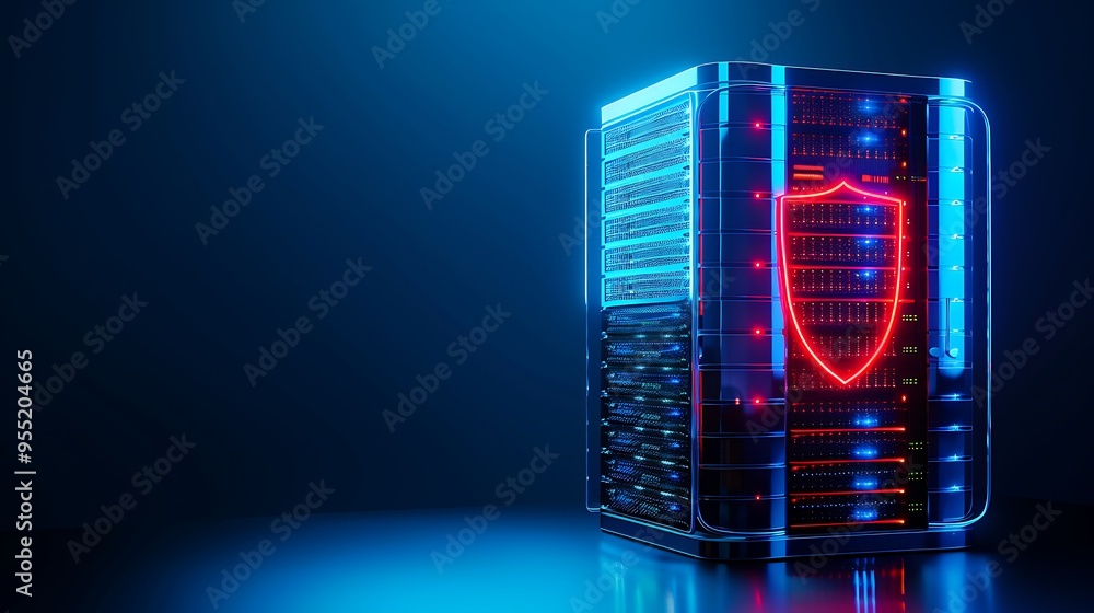 Poster high-tech server rack with secure data protection symbol, illuminated in dark blue and red. data sec