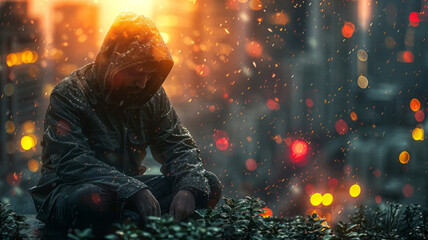 man with hood on sitting in the rain sad, looking down.