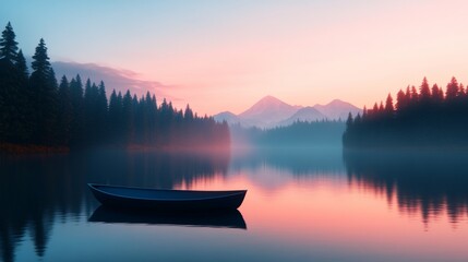 Serene Mountain Lake at Sunset with Rowboat