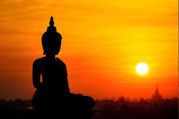buddha silhouette on golden sunset background beliefs of Buddhism
