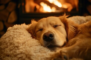 Golden Retriever Dog Sleeping in a Cozy Bed by a Fireplace