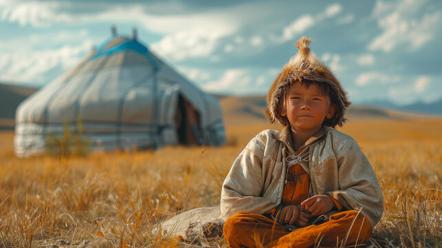 little Mongolian boy in the steppes of Mongolia outside the yur