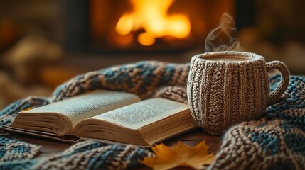 An inviting autumn reading nook with an open book, a cup of hot cocoa, and a plaid blanket on a wooden coffee table, a glowing fireplace in the background, warm and cozy ambiance, soft shadows,