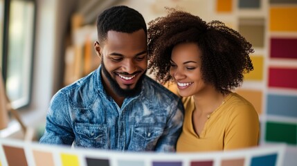 Couple selecting paint colors together in a vibrant, creative studio surrounded by various paint swatches during the daytime