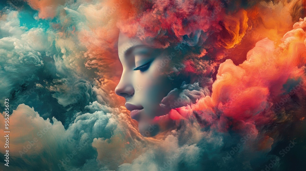 Poster Woman's Profile Emerging from Abstract Colorful Clouds