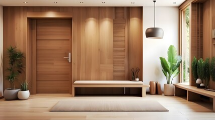 Beautiful modern wooden entry hall décor with warm wooden tones, modern house with desk, stand, and shoe bench furniture