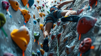 A Climber Ascending an Indoor Rock Climbing Wall
