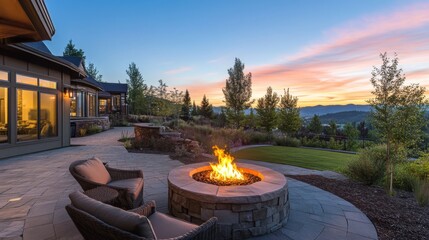 Beautiful backyard firepit at dusk with comfortable chairs