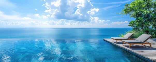 Obraz premium Stunning infinity pool overlooking the ocean with clear blue skies, lounge chairs, and lush greenery on a sunny day.