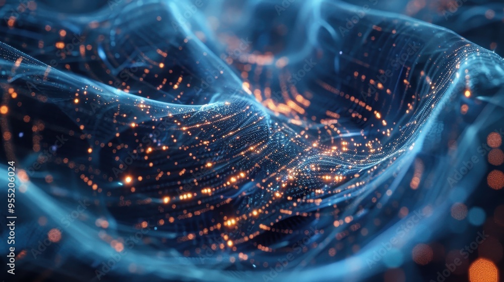 Poster abstract digital wave with glowing particles, representing futuristic technology, data flow, and con