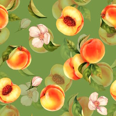 Seamless peach pattern with tropic fruits, leaves, flowers background.