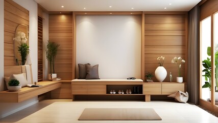 Beautiful modern wooden entry hall décor with warm wooden tones, modern house with desk, stand, and shoe bench furniture