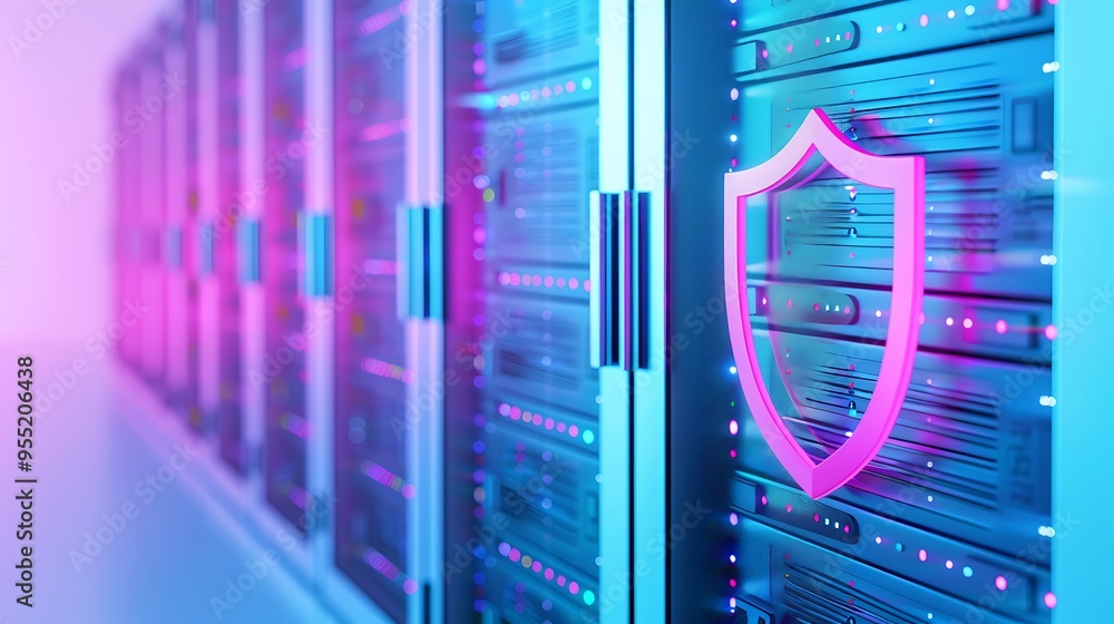 Poster modern data center servers with enhanced security measures, highlighted by a digital shield icon rep
