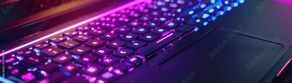 Aufkleber close-up of a laptop keyboard illuminated by colorful rgb lighting, creating a vibrant and high-tech