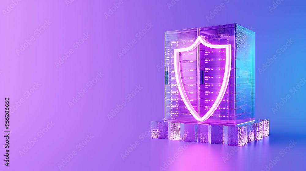 Poster modern data security concept with illuminated shield and server rack. futuristic protection technolo