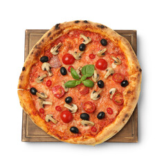 Delicious pizza with tomatoes, mushrooms, black olives and basil isolated on white, top view