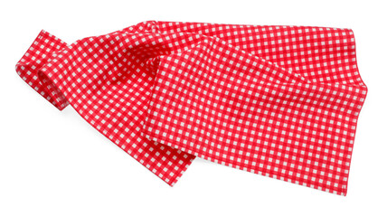 Red checkered picnic tablecloth isolated on white, top view