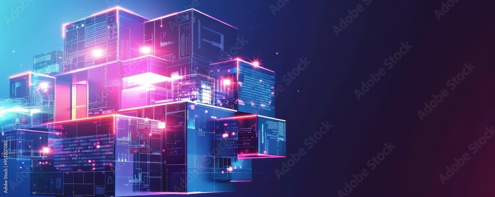 Poster digital abstract image with futuristic glowing cubes and blue-purple gradient background, representi