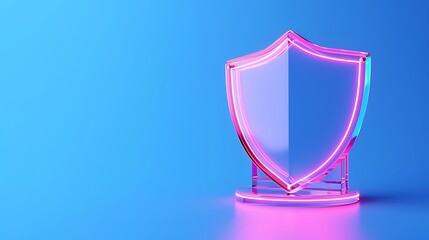 Modern glass shield with neon pink lighting on a blue gradient background symbolizing security and protection.