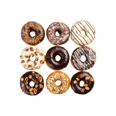 Fototapeta premium a variety of deliciously delicious donuts with a variety of toppings; perfect for food blogs, bakery sites, social media posts, and restaurant menus