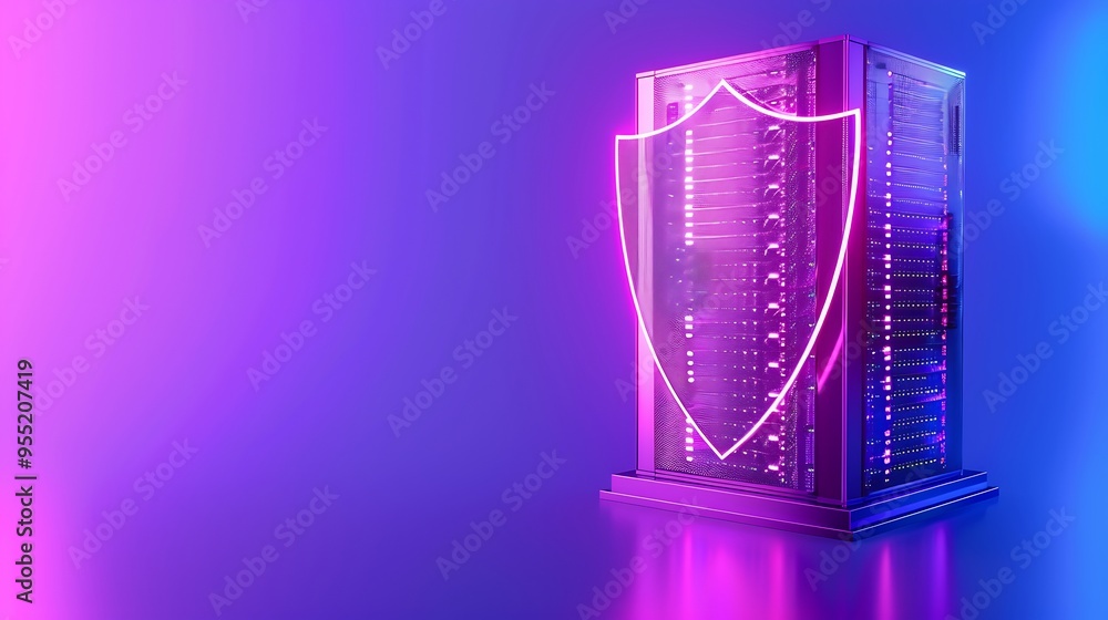 Poster modern server rack with a neon shield, symbolizing cybersecurity protection in a colorful gradient b